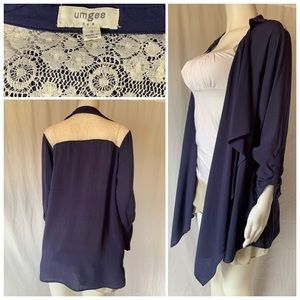 Umgee asymmetrical hi-low cardigan shrug w/ cowboy style lace rear panel blue